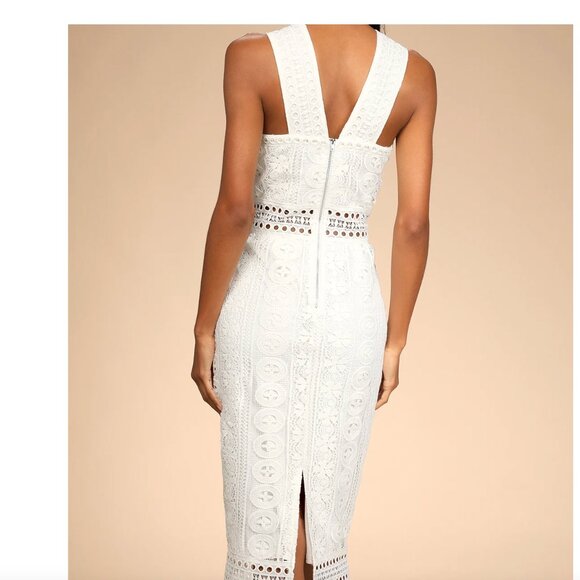 Lulus Cocktail Ready Ivory Crochet Lace Midi Dress White - Size M - Picture 4 of 5